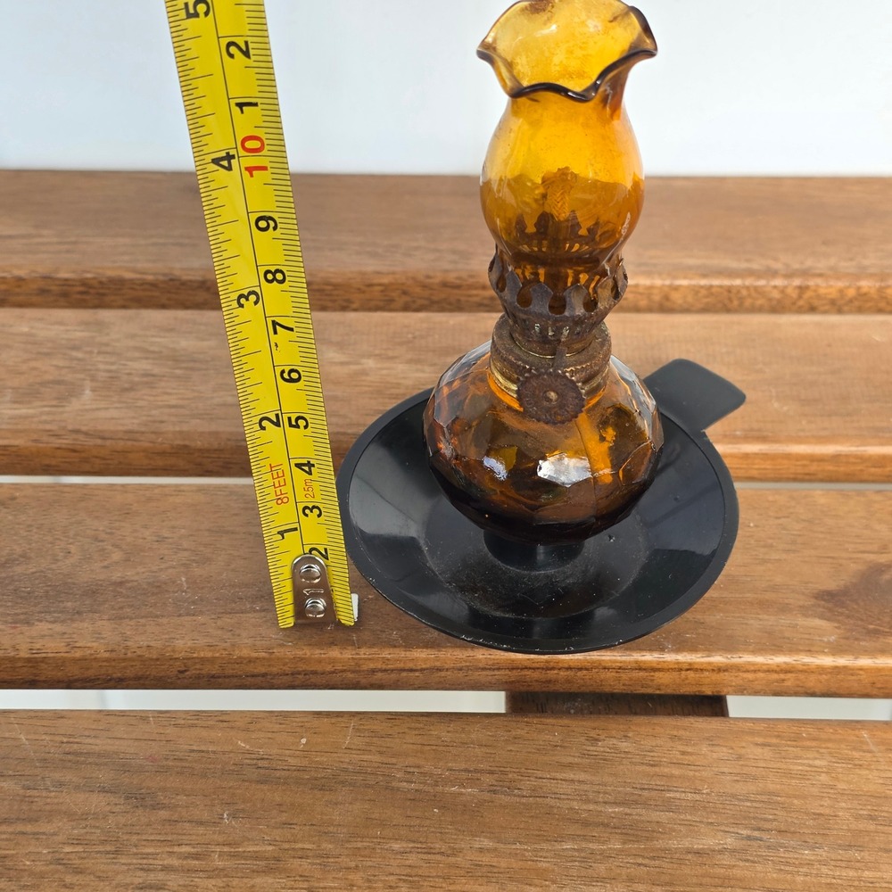 Vtg Home Decorative Products Amber Glass Miniature Oil Lamp hurricane ruffle - Picture 4 of 15